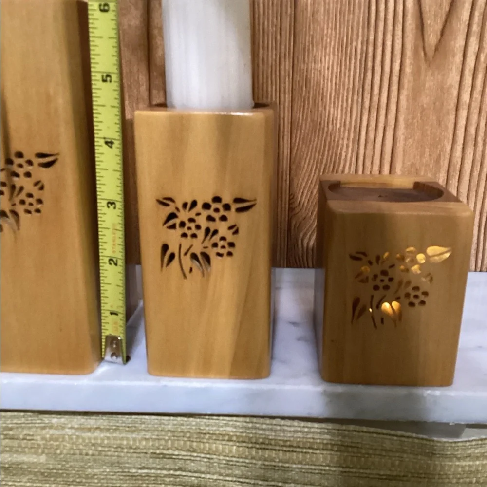 Hand Carved Wooden Graduated Candle Holders with open carving
